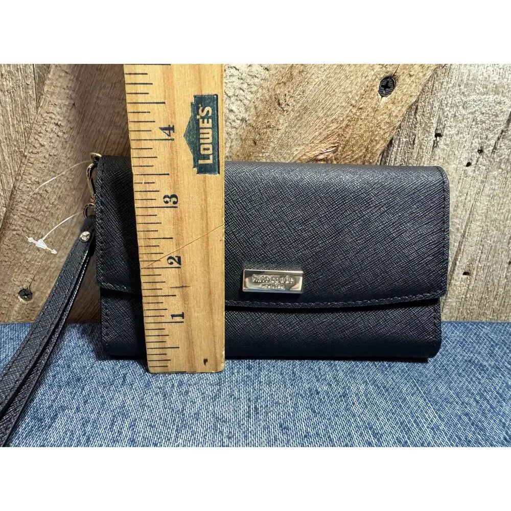 Black Kate Spade Saffiano Leather Trifold Wallet Gold-Toned Logo Plaque